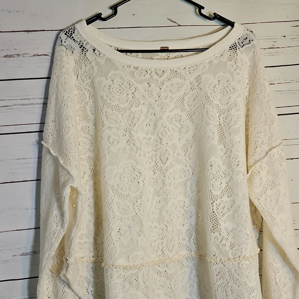 Free‎ People Ivory Lace Knit Pullover Sweater Top, Bohemian Chic, Relaxed